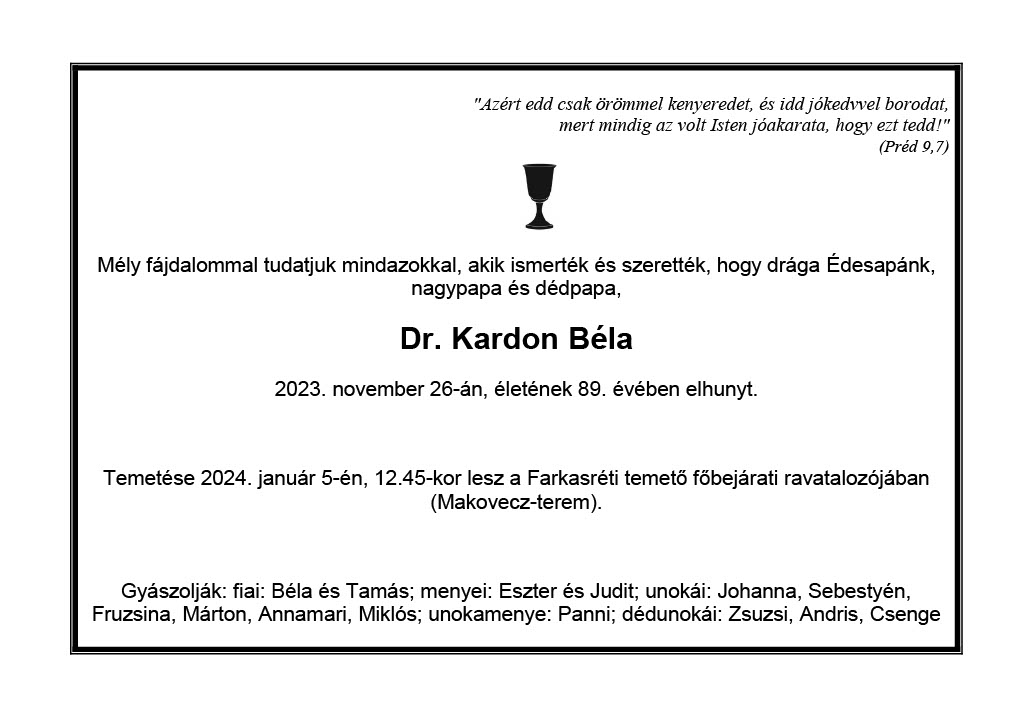Kardon Béla gyászjelentés