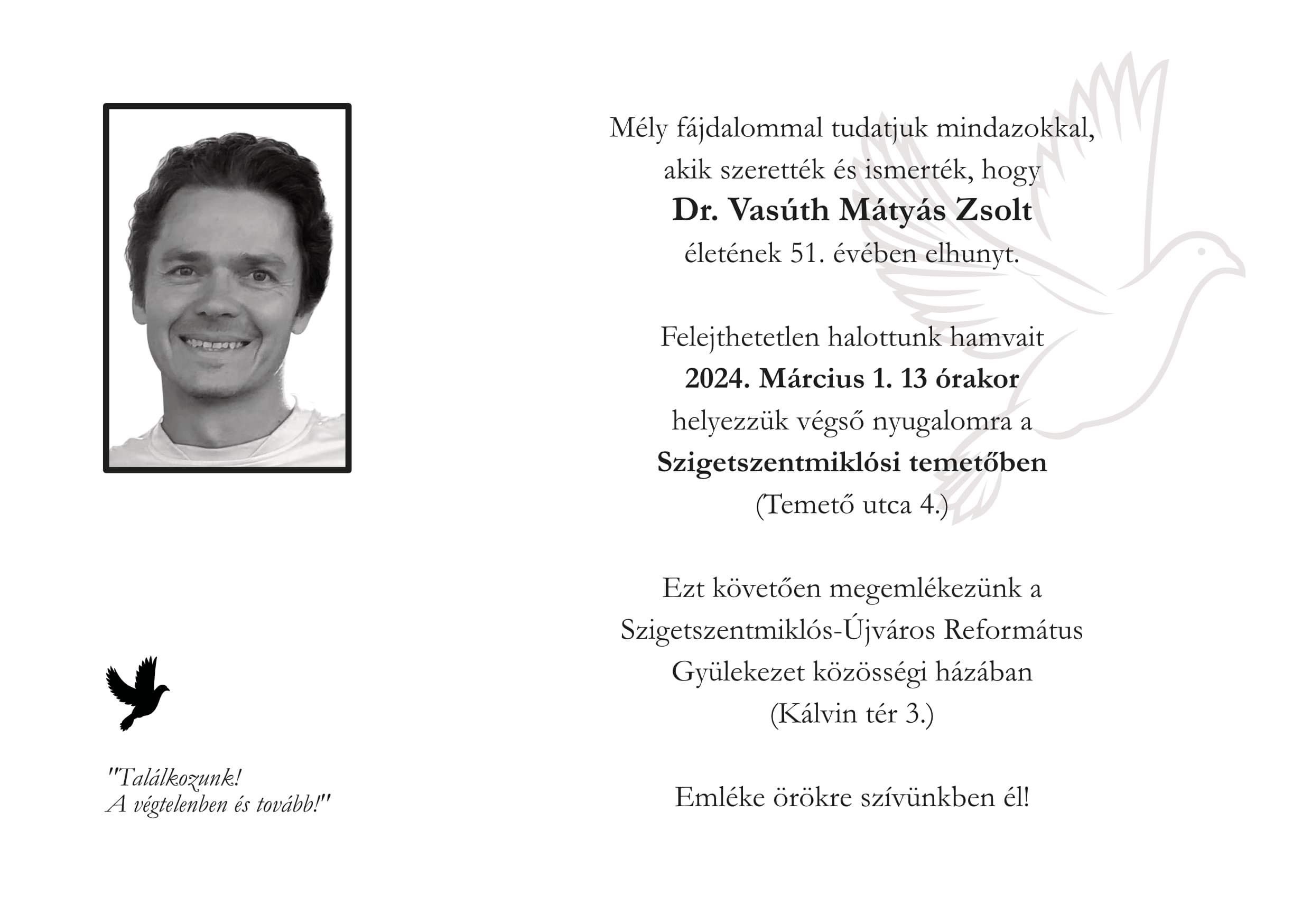 Vasúth Mátyás temetési értesítő